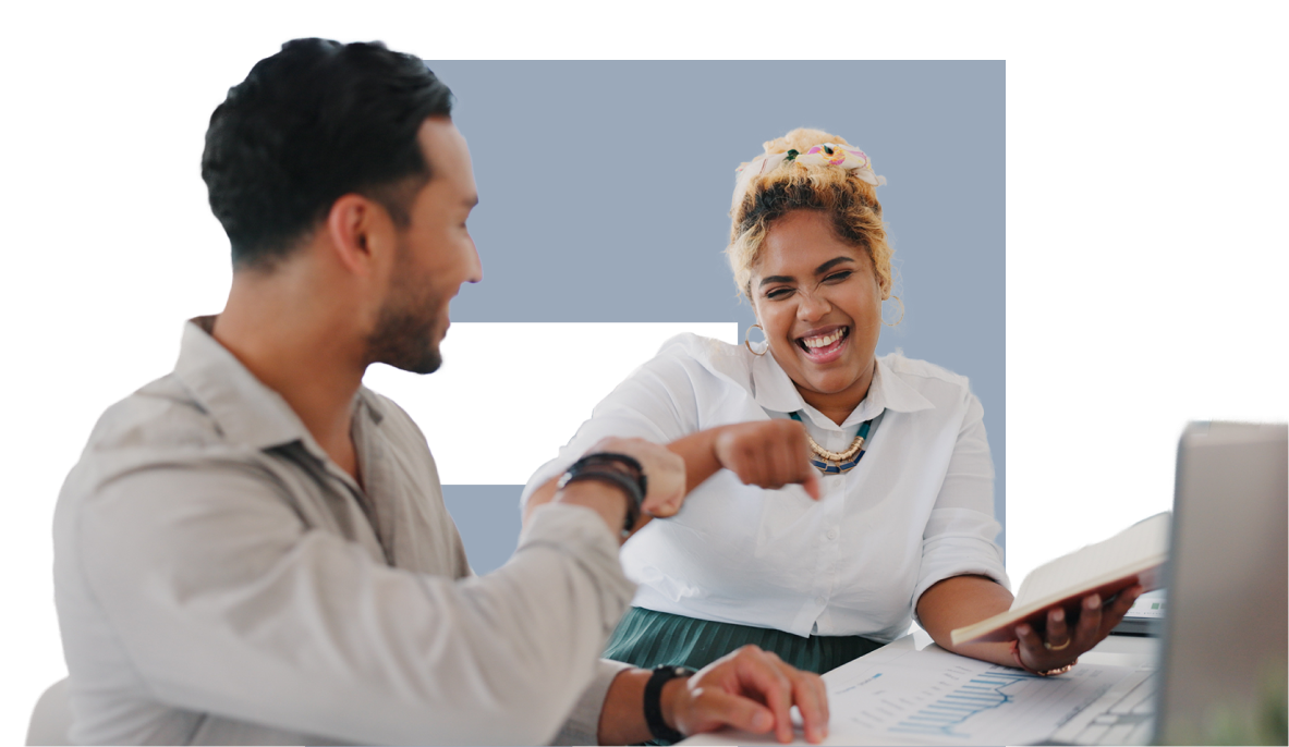 opt-3 Two people excited about work, bumping fists