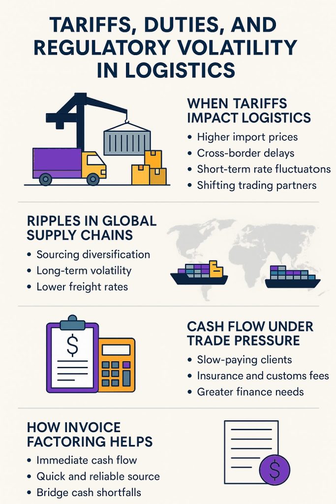This infographic shows how tariffs and customs duties affect logistics costs, shipping timelines, and global supply chains. It also highlights how invoice factoring with Scale Funding helps cover customs fees and maintain cash flow when trade pressures rise.